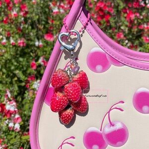 Pink Iridescent Heart Strawberry Crystal Cluster Bag Purse Charm Coquette Cute